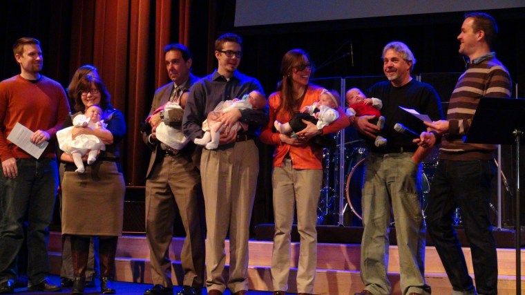 On stage with Grandpa Turzy, Grandpa Brett, Nana, their Godparents (Alex & Danielle) at Blackhawk Church's Child Dedication.