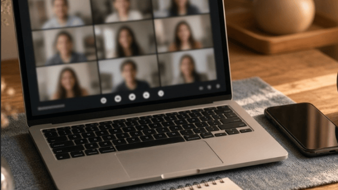 Laptop on a wooden desk showing a video call with a grid of blurred participants, next to a phone and a notebook with a pen