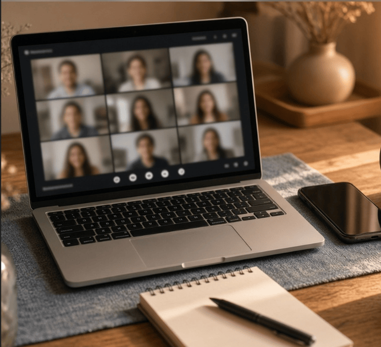 Laptop on a wooden desk showing a video call with a grid of blurred participants, next to a phone and a notebook with a pen