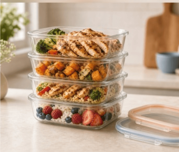 Four stacked glass meal prep containers filled with grilled chicken, roasted sweet potatoes, broccoli, rice, and berries